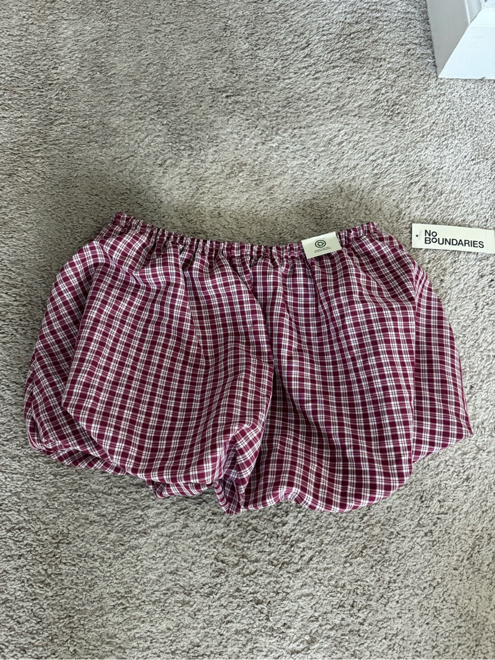 No Boundaries Women's Burgundy Plaid Elastic-Waist Bubble Skirt